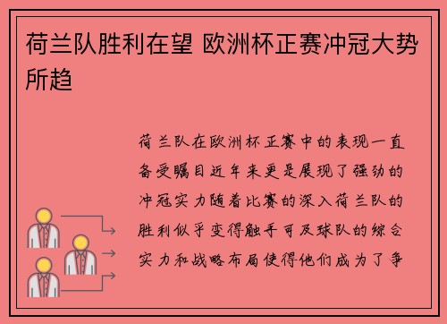 荷兰队胜利在望 欧洲杯正赛冲冠大势所趋