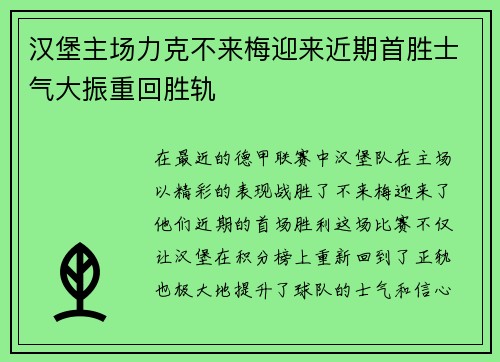 汉堡主场力克不来梅迎来近期首胜士气大振重回胜轨