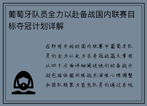 葡萄牙队员全力以赴备战国内联赛目标夺冠计划详解
