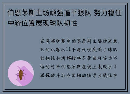 伯恩茅斯主场顽强逼平狼队 努力稳住中游位置展现球队韧性