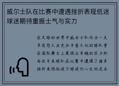 威尔士队在比赛中遭遇挫折表现低迷球迷期待重振士气与实力