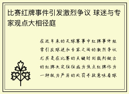 比赛红牌事件引发激烈争议 球迷与专家观点大相径庭