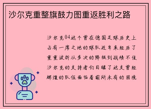 沙尔克重整旗鼓力图重返胜利之路
