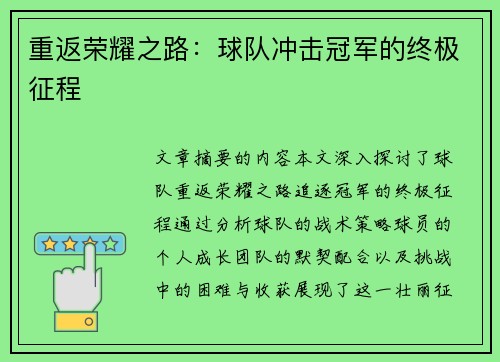 重返荣耀之路：球队冲击冠军的终极征程