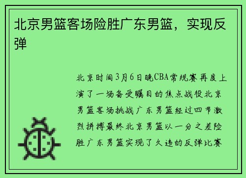 北京男篮客场险胜广东男篮，实现反弹