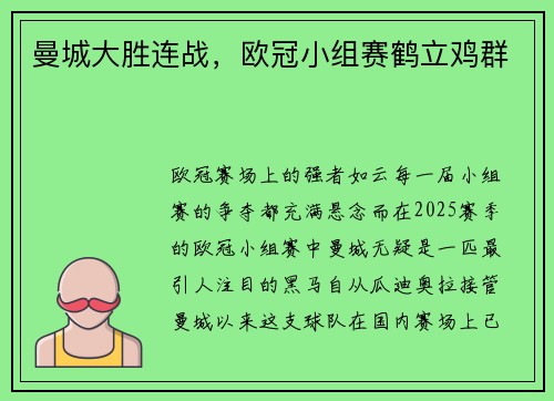 曼城大胜连战，欧冠小组赛鹤立鸡群
