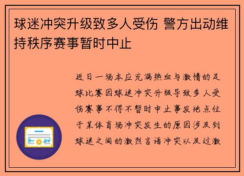 球迷冲突升级致多人受伤 警方出动维持秩序赛事暂时中止