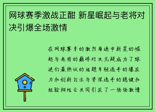 网球赛季激战正酣 新星崛起与老将对决引爆全场激情